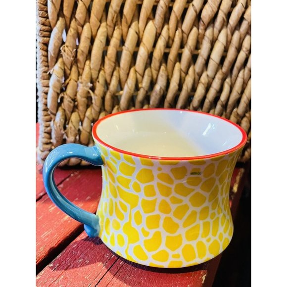 Pier 1 Coffee Mug Cup Yellow Hand Painted Giraffe Print Teal Handle 8 Ounces - Picture 8 of 12